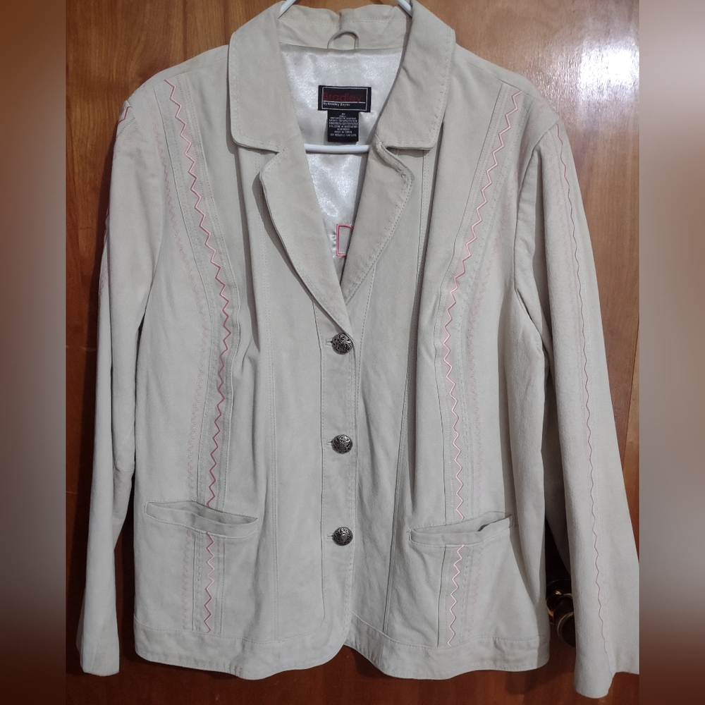 Cream Brushed Leather Suede Women's Jacket w/Pink Embroidery 2X